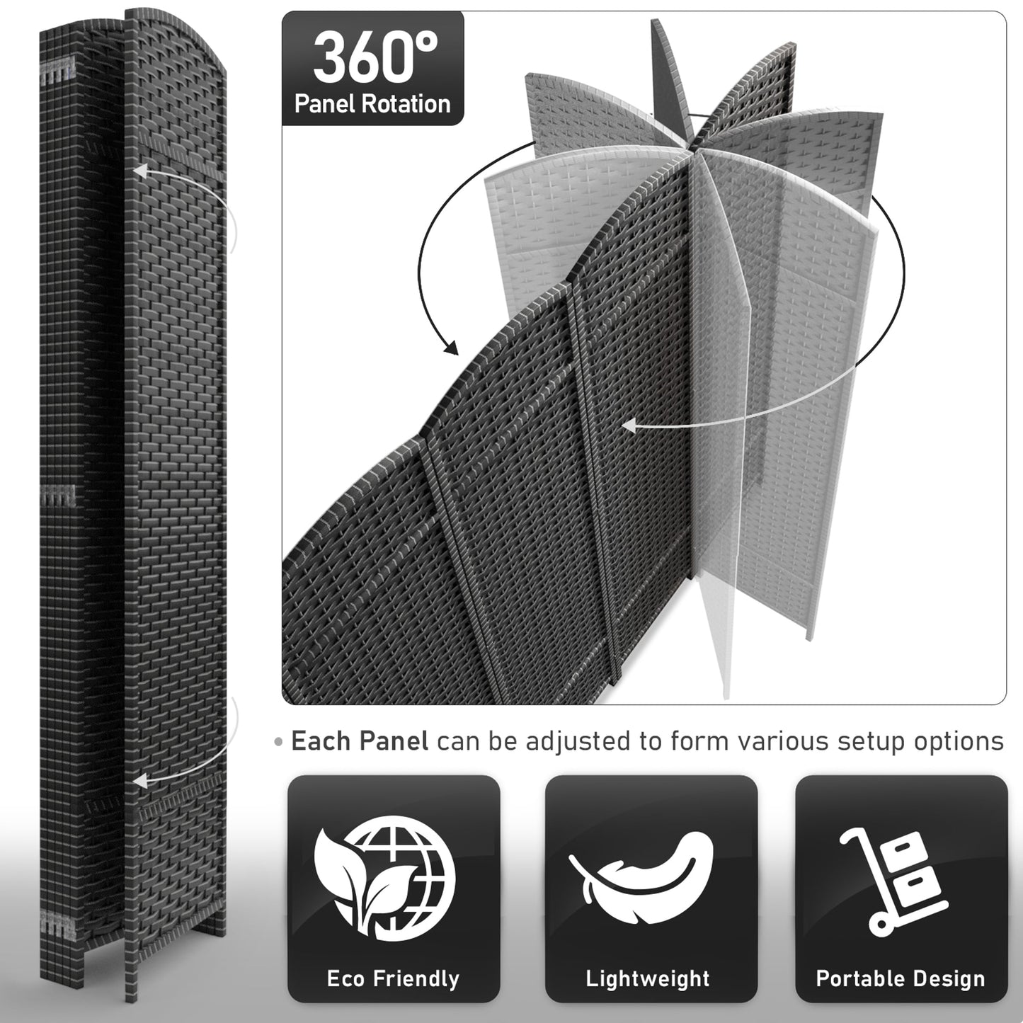 Divisorio per ambienti Sorbus a 6 pannelli, divisorio per la privacy alto, divisorio a parete pieghevole extra largo con doppia cerniera, intrecciato a mano - 6 piedi