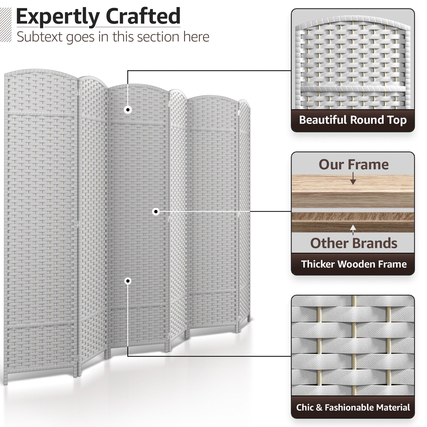 Divisorio per ambienti Sorbus a 6 pannelli, divisorio per la privacy alto, divisorio a parete pieghevole extra largo con doppia cerniera, intrecciato a mano - 6 piedi
