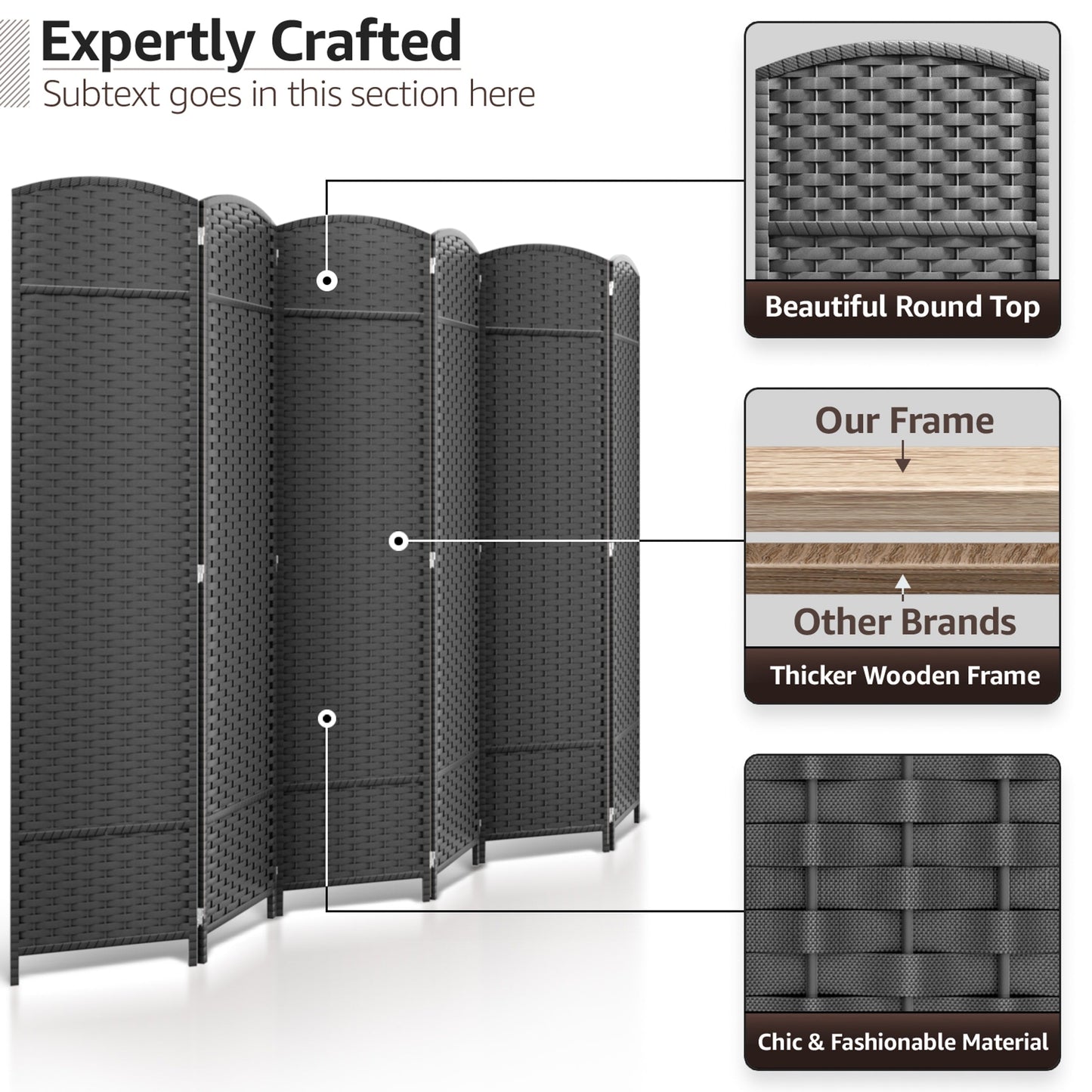 Divisorio per ambienti Sorbus a 6 pannelli, divisorio per la privacy alto, divisorio a parete pieghevole extra largo con doppia cerniera, intrecciato a mano - 6 piedi