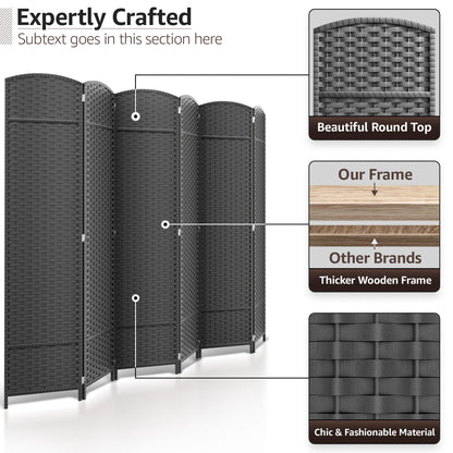 Divisorio per ambienti Sorbus a 6 pannelli, divisorio per la privacy alto, divisorio a parete pieghevole extra largo con doppia cerniera, intrecciato a mano - 6 piedi