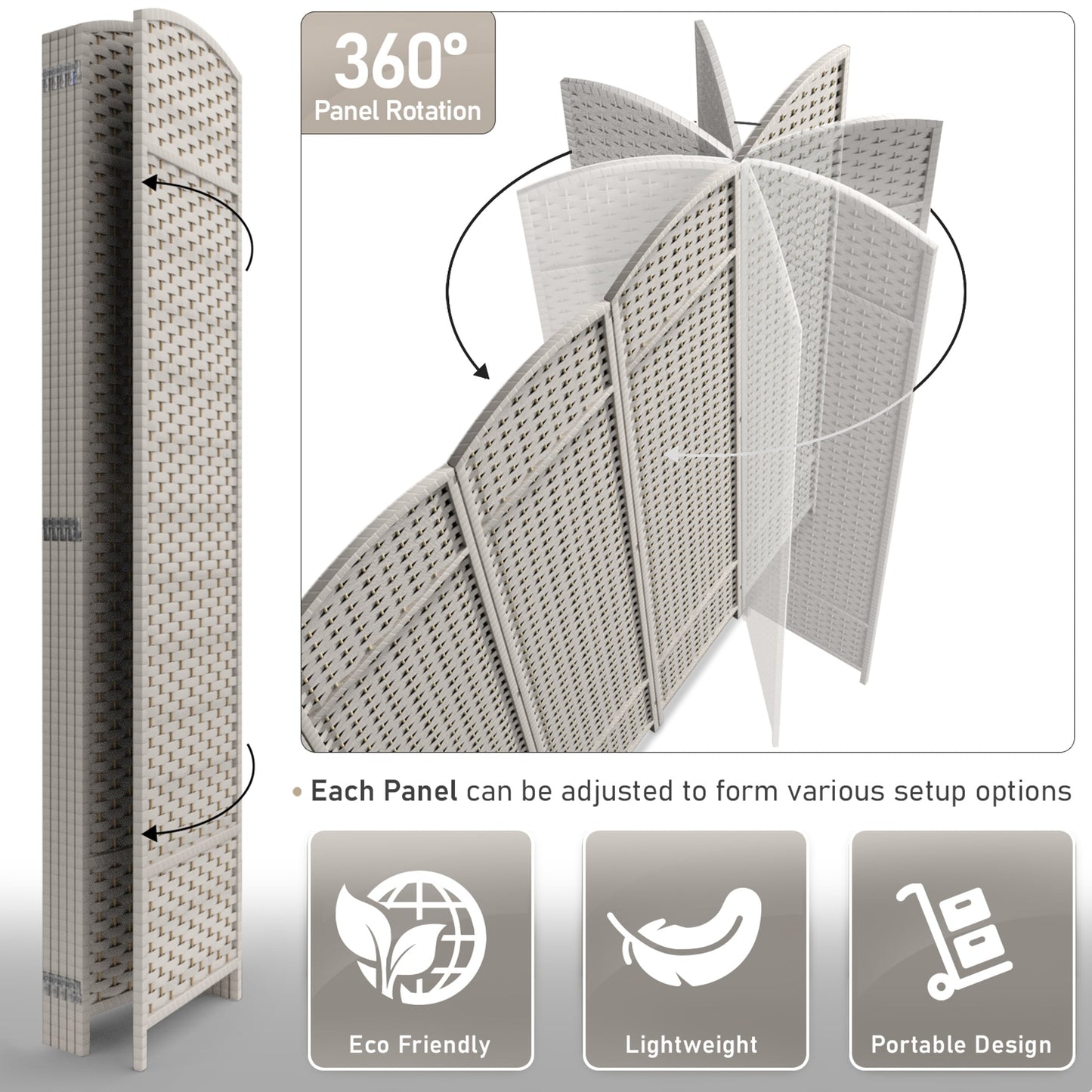 Divisorio per ambienti Sorbus a 6 pannelli, divisorio per la privacy alto, divisorio a parete pieghevole extra largo con doppia cerniera, intrecciato a mano - 6 piedi