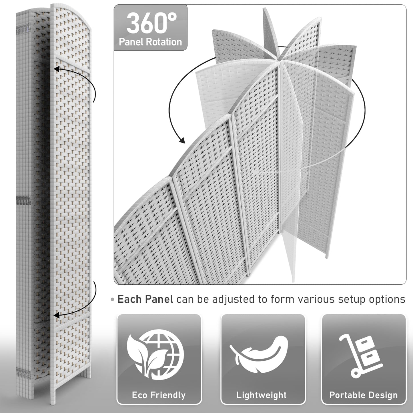 Divisorio per ambienti Sorbus a 6 pannelli, divisorio per la privacy alto, divisorio a parete pieghevole extra largo con doppia cerniera, intrecciato a mano - 6 piedi