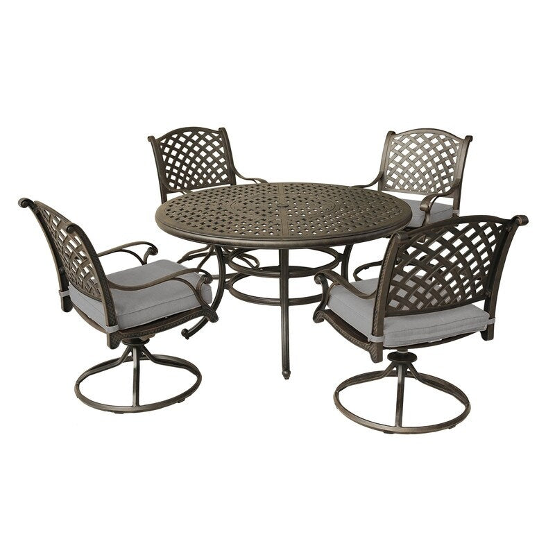 Set da pranzo rotondo in alluminio color bronzo anticato South Ponto da 5 pezzi con sedie girevoli di Havenside Home