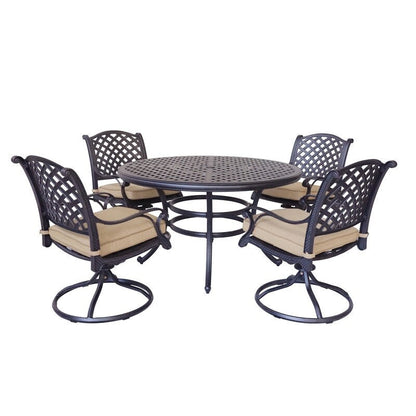 Set da pranzo rotondo in alluminio color bronzo anticato South Ponto da 5 pezzi con sedie girevoli di Havenside Home