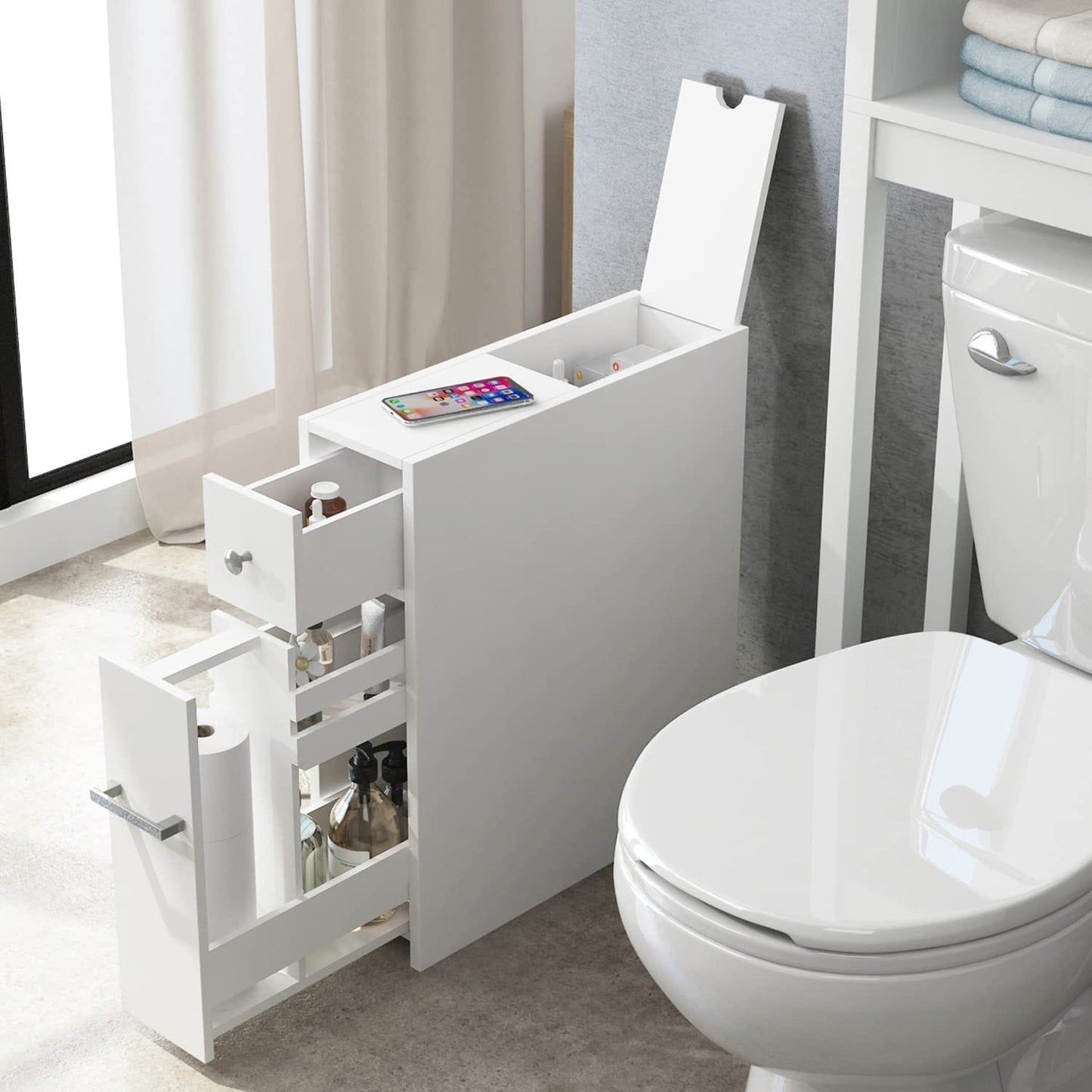 Mobiletto portaoggetti sottile per bagno Spirich Home, porta carta igienica indipendente, mobiletto portaoggetti con cassetto estraibile per bagno
