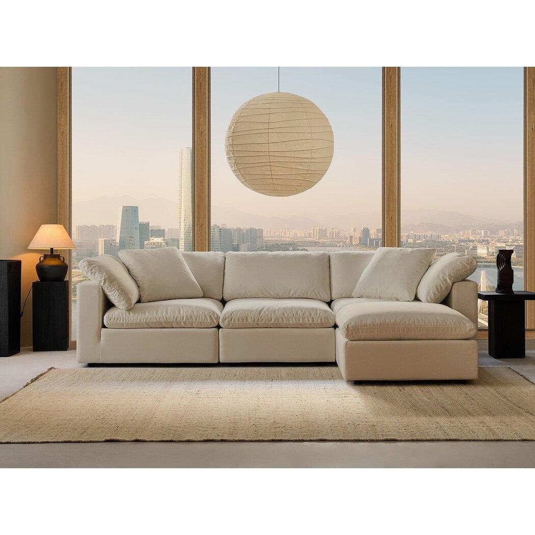 Divano componibile rettangolare in tessuto di lino con braccioli quadrati, divano combinato in lino beige