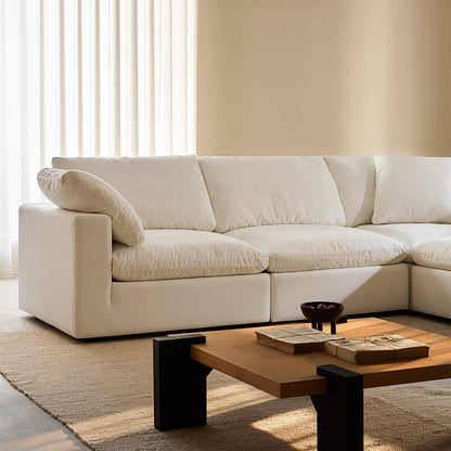 Divano componibile rettangolare in tessuto di lino con braccioli quadrati, combinazione divano bianco perla