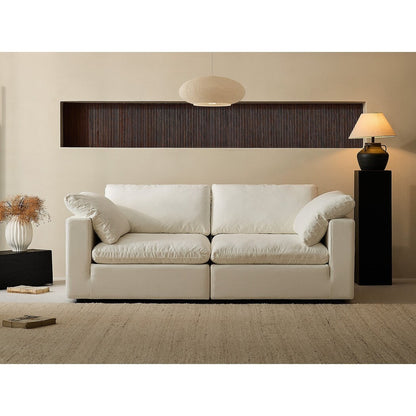 Divano componibile rettangolare in tessuto di lino con braccioli quadrati, combinazione divano bianco perla