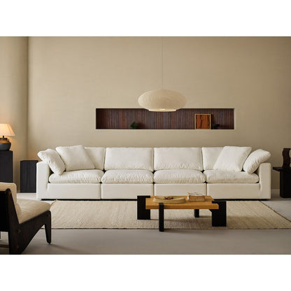 Divano componibile rettangolare in tessuto di lino con braccioli quadrati, combinazione divano bianco perla