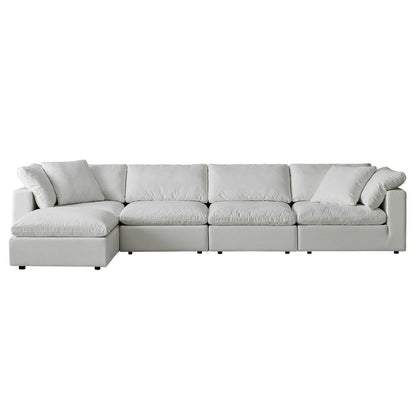 Divano componibile rettangolare in tessuto di lino con braccioli quadrati, combinazione divano bianco perla