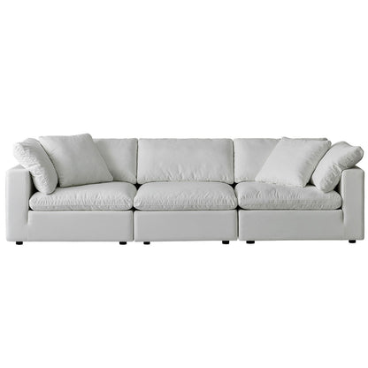 Divano componibile rettangolare in tessuto di lino con braccioli quadrati, combinazione divano bianco perla