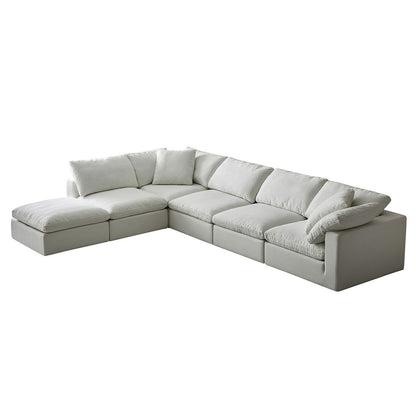 Divano componibile rettangolare in tessuto di lino con braccioli quadrati, combinazione divano bianco perla