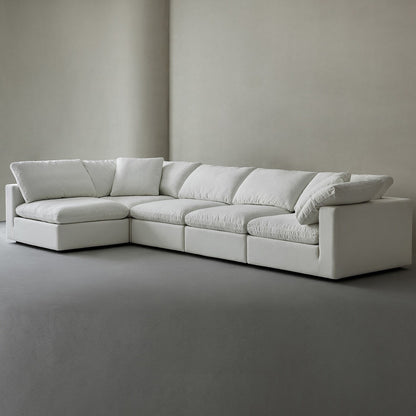 Divano componibile rettangolare in tessuto di lino con braccioli quadrati, combinazione divano bianco perla