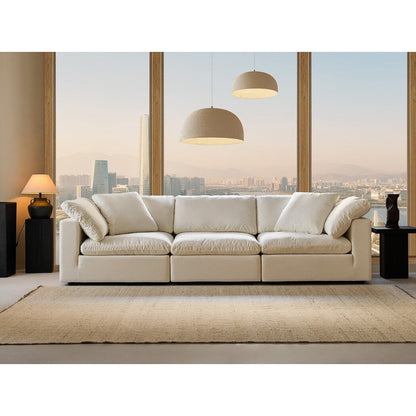 Divano componibile rettangolare in tessuto di lino con braccioli quadrati, combinazione divano bianco perla