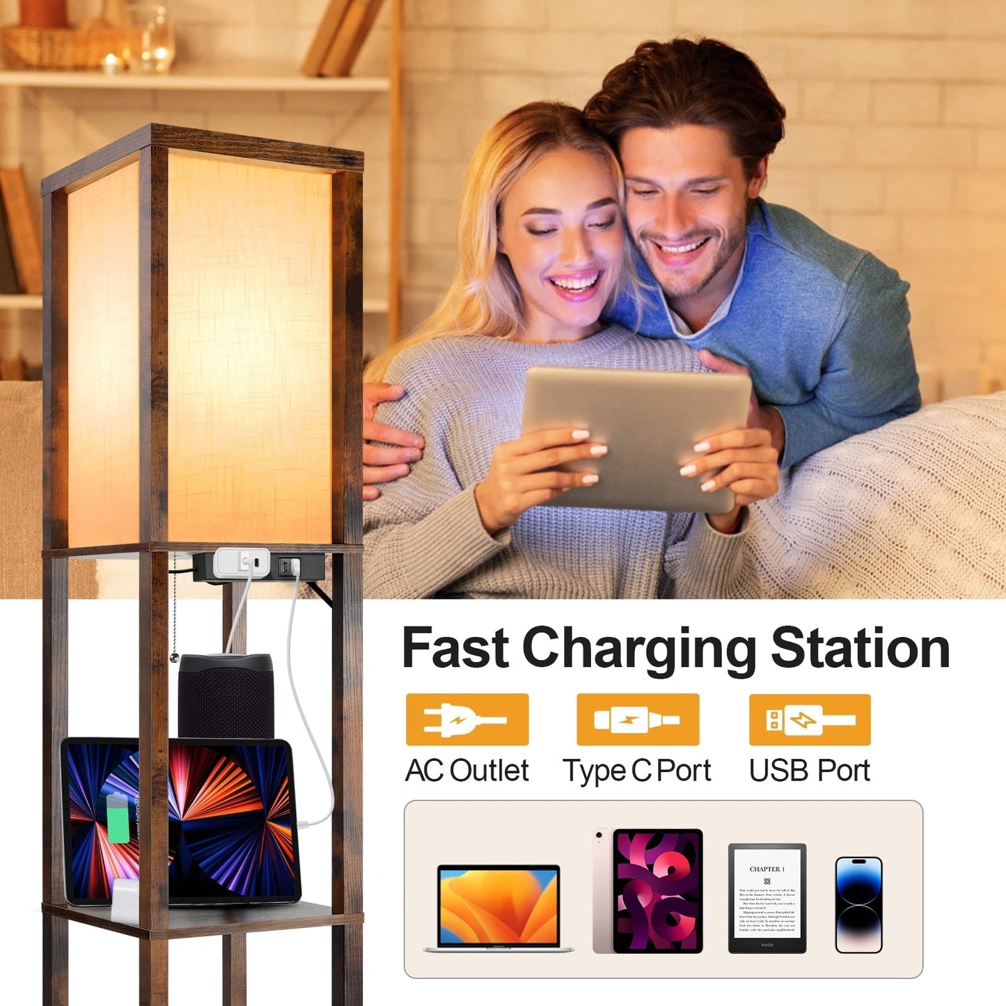 Lampada da terra 63 con ripiani - Lampada da soggiorno con ripiani in legno