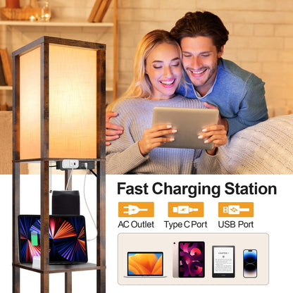 Lampada da terra 63 con ripiani - Lampada da soggiorno con ripiani in legno