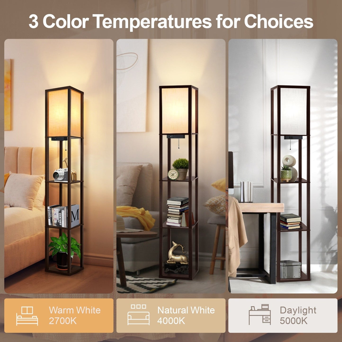 Lampada da terra 63 con ripiani - Lampada da soggiorno con ripiani in legno