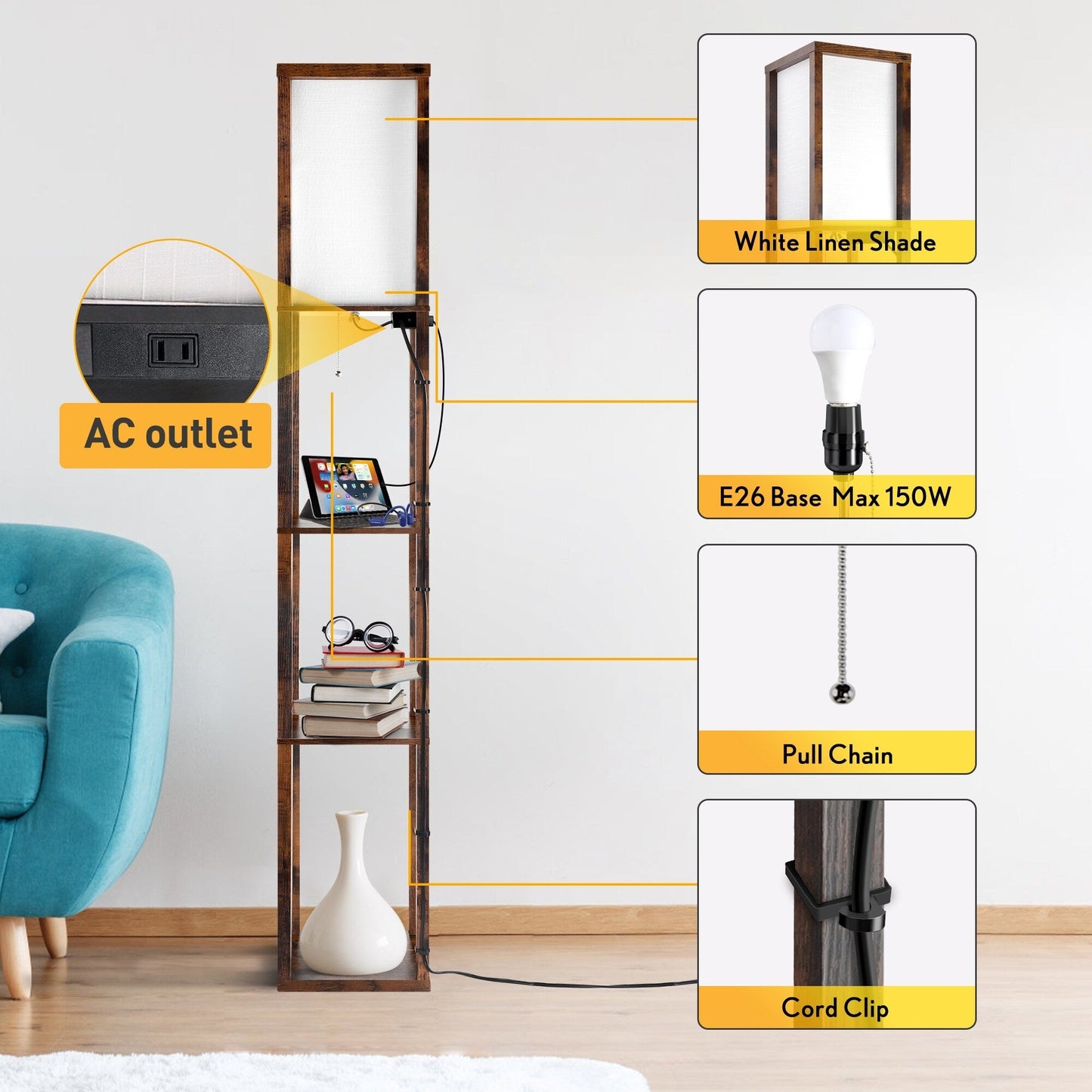 Lampada da terra 63 con ripiani - Lampada da soggiorno con ripiani in legno