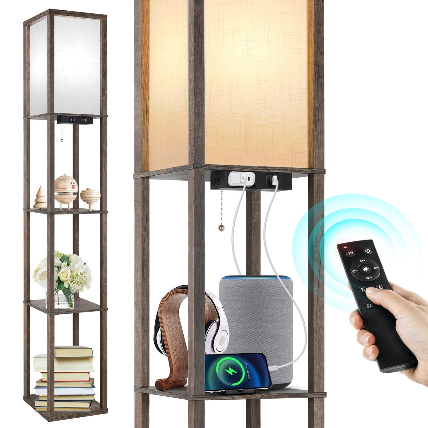 Lampada da terra 63 con ripiani - Lampada da soggiorno con ripiani in legno