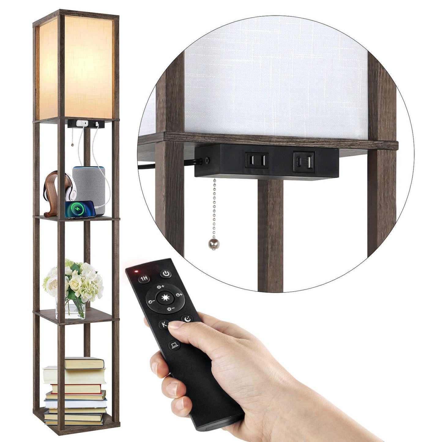 Lampada da terra 63 con ripiani - Lampada da soggiorno con ripiani in legno