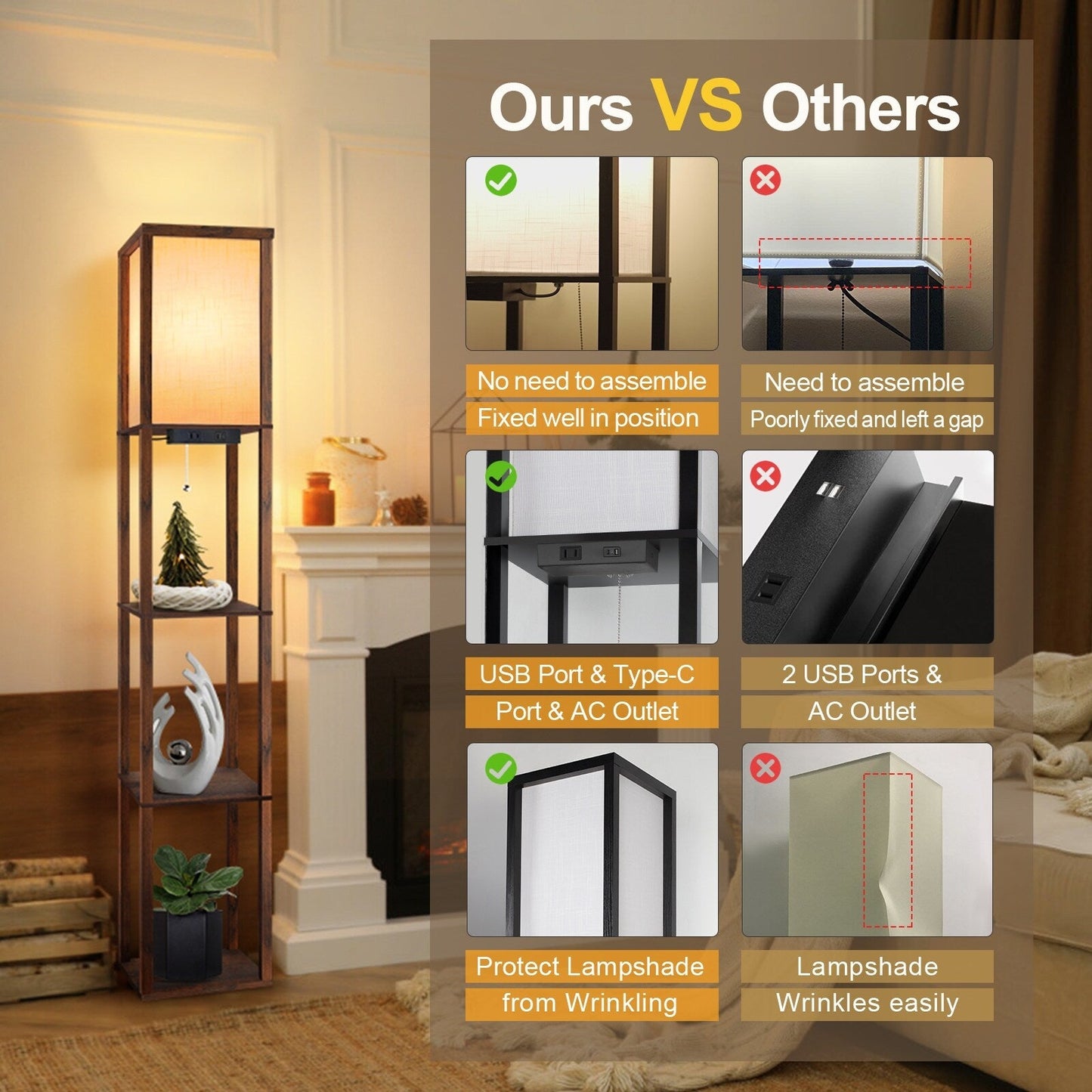 Lampada da terra 63 con ripiani - Lampada da soggiorno con ripiani in legno