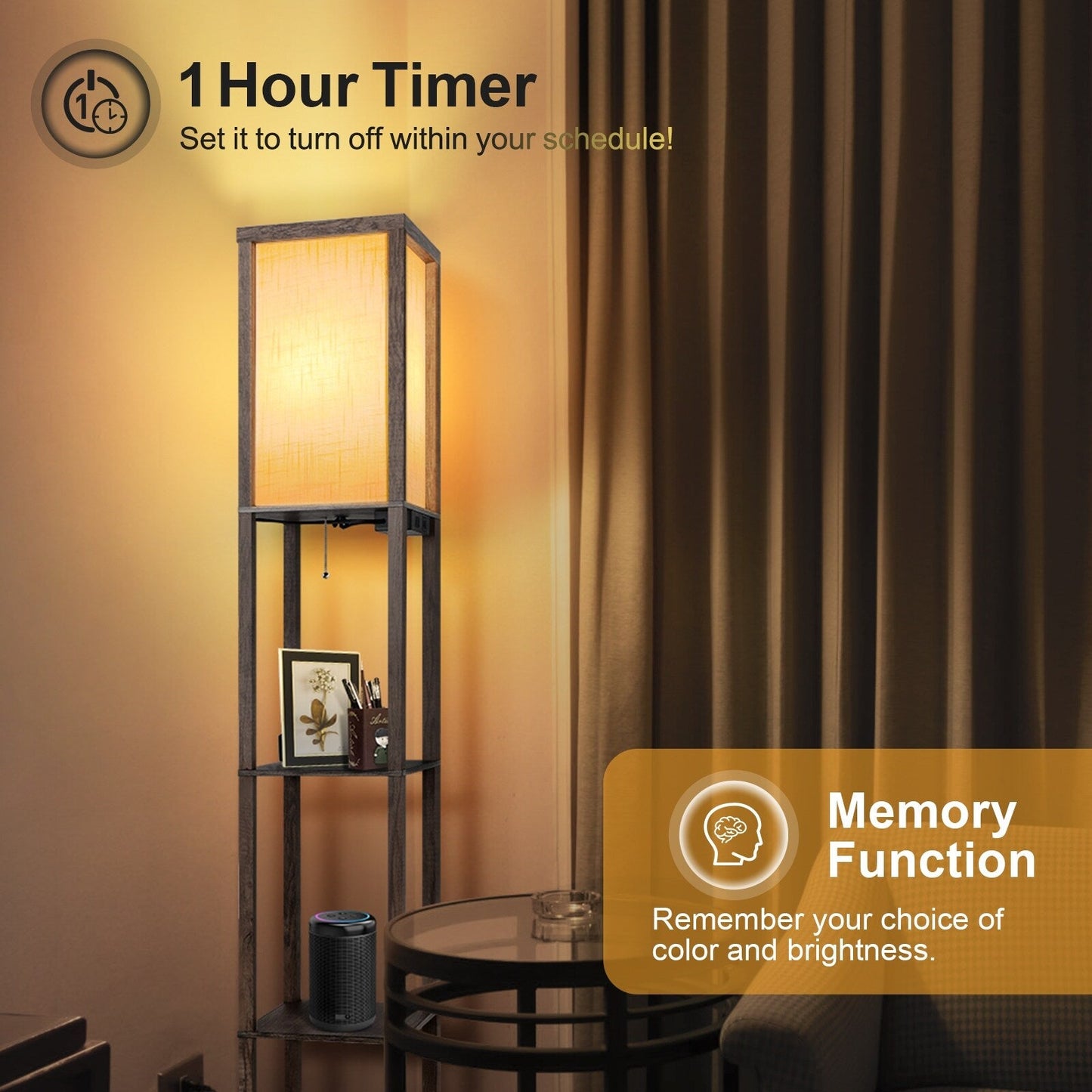 Lampada da terra 63 con ripiani - Lampada da soggiorno con ripiani in legno