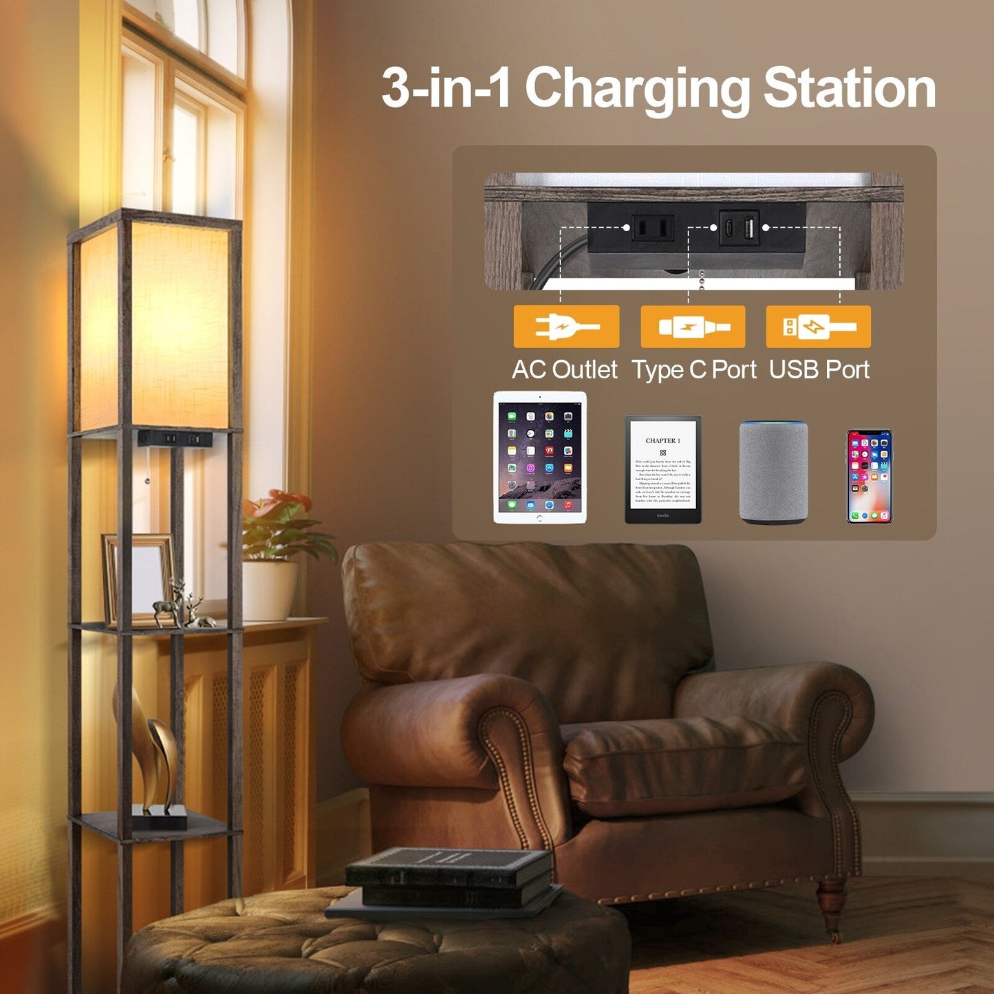 Lampada da terra 63 con ripiani - Lampada da soggiorno con ripiani in legno