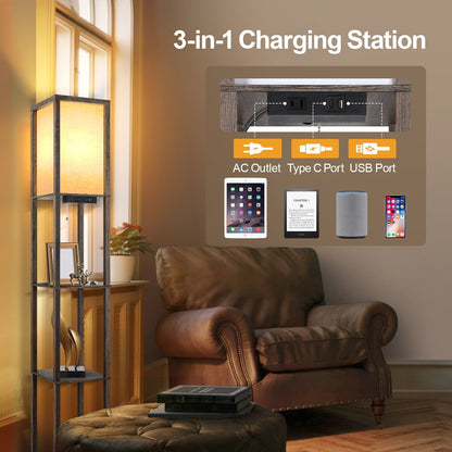 Lampada da terra 63 con ripiani - Lampada da soggiorno con ripiani in legno