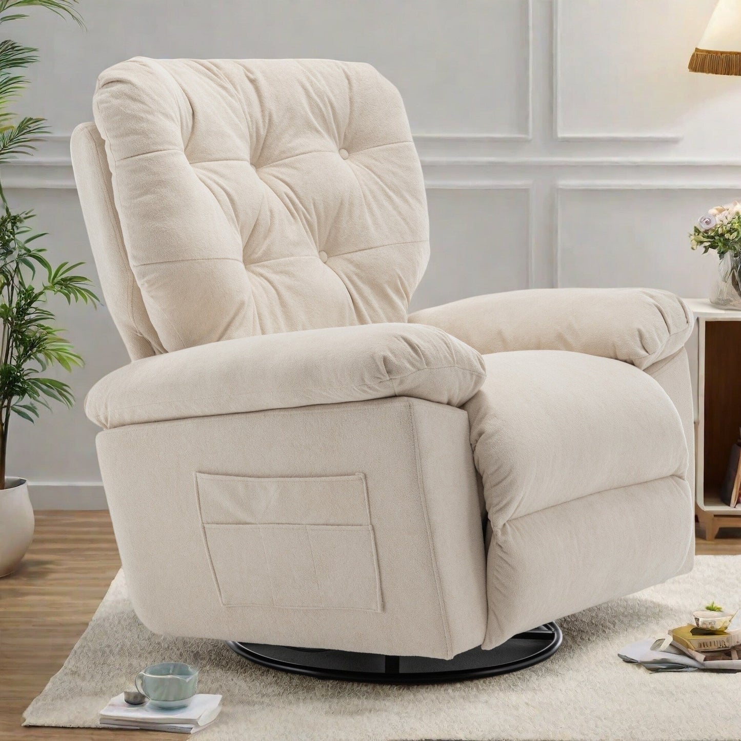 Poltrona reclinabile girevole in pile di dimensioni standard con reclinazione manuale, poggiapiedi e design con supporto per la maternità