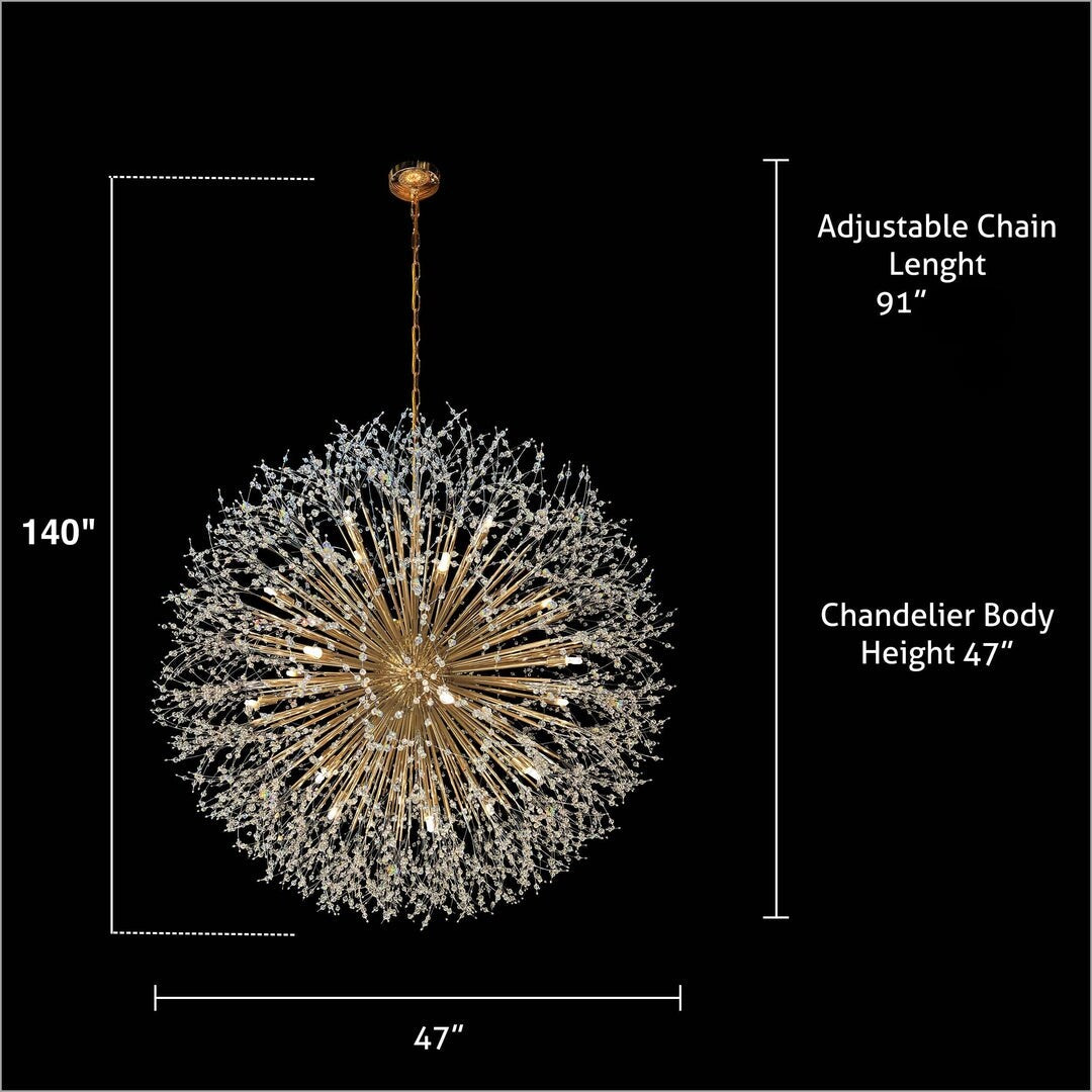 Lampadario Starburst da 47 pollici di larghezza, lampadario in cristallo