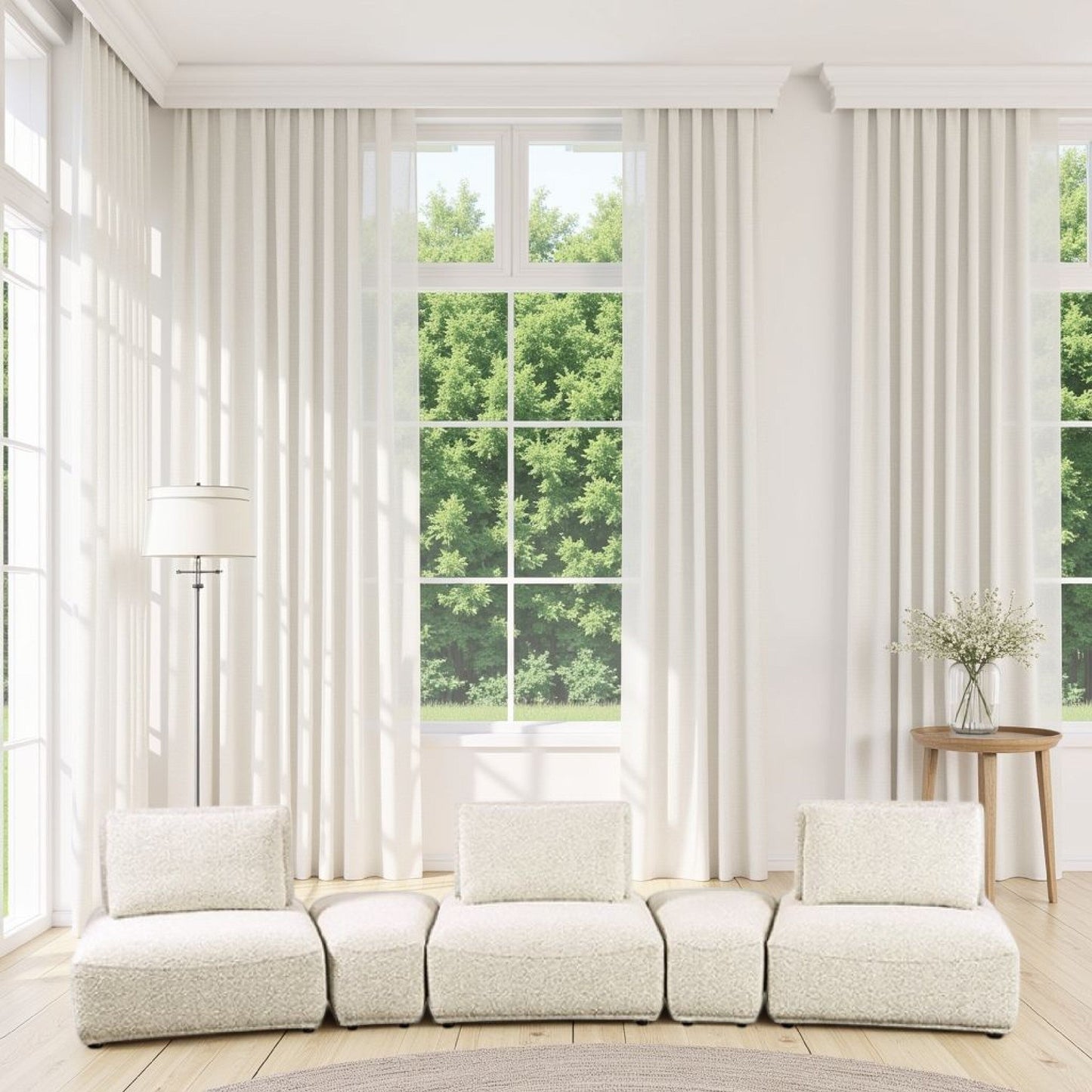 Divano modulare curvo Stavan a 3 posti, beige bouclé, profondità della seduta regolabile