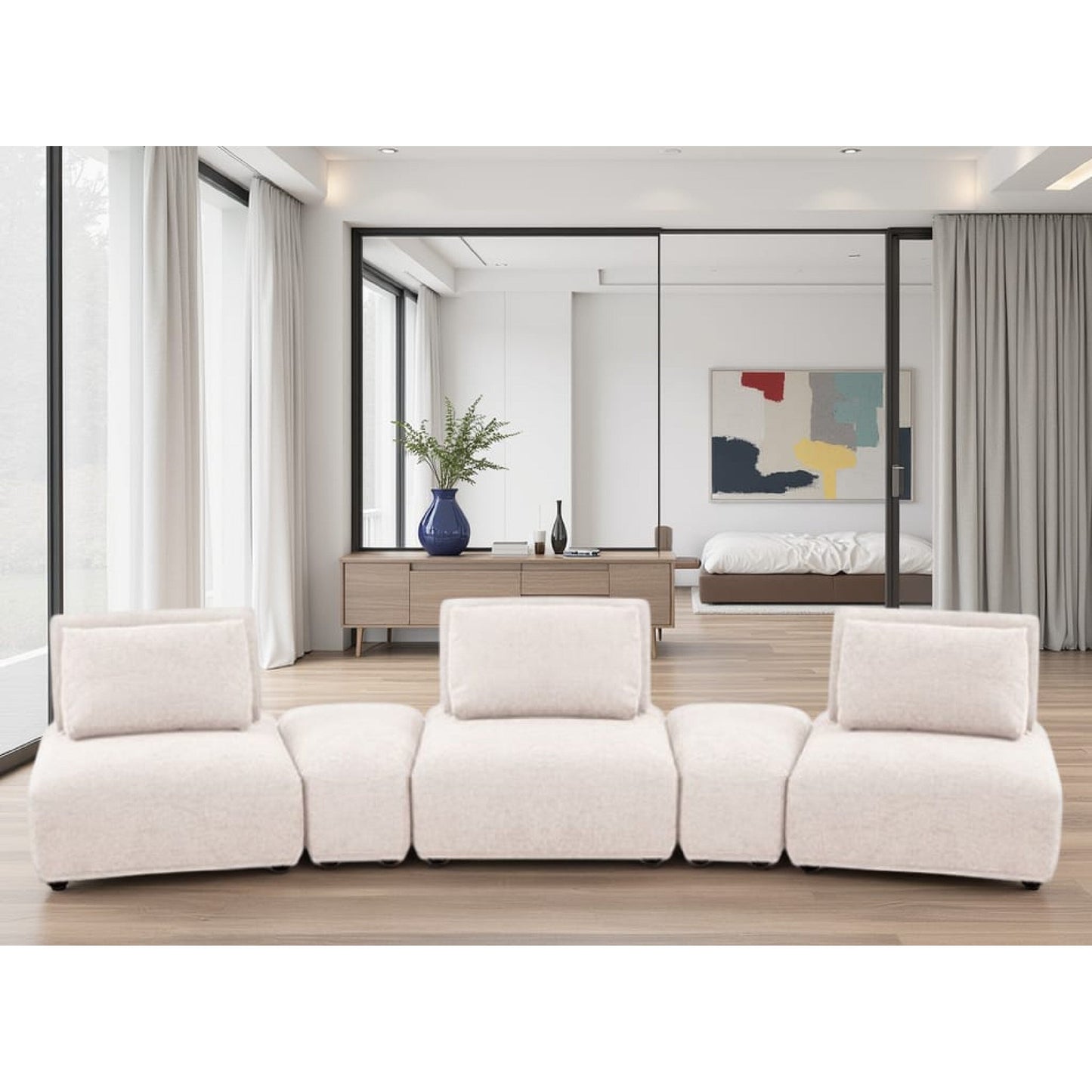 Divano modulare curvo Stavan a 3 posti, schienali regolabili in bouclé marrone chiaro