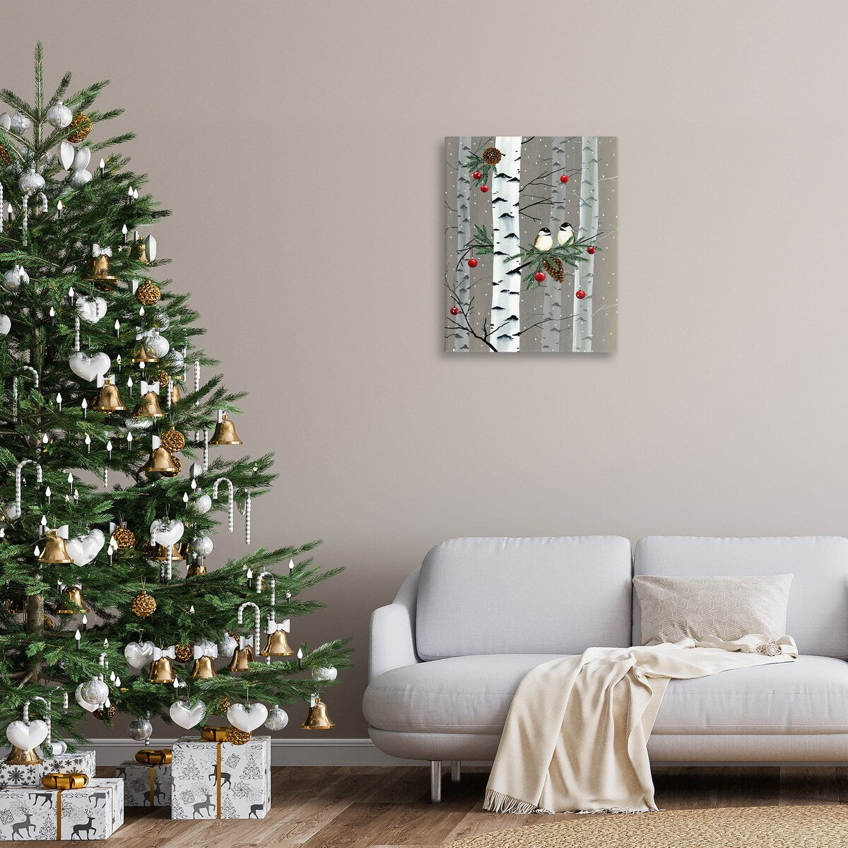 Stupell Uccelli e ornamenti natalizi Betulla Foresta Tela Arte murale