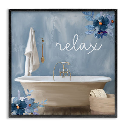 Stupell Blue Floral Relax Bathroom Scene Framed Giclée Textured Wall Art, Design di Kim Allen