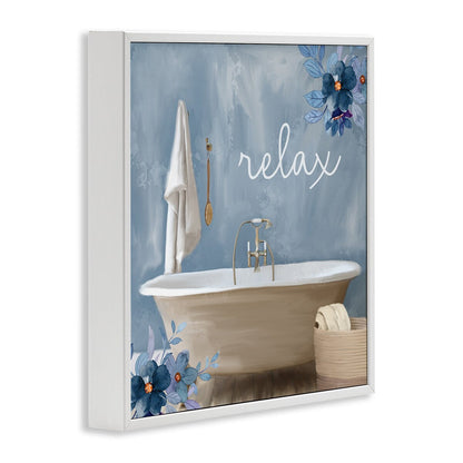 Stupell Blue Floral Relax Bathroom Scene Framed Giclée Textured Wall Art, Design di Kim Allen
