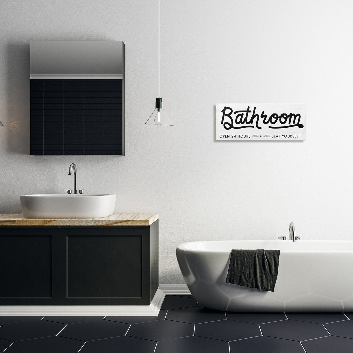 Stupell Seat Yourself, cartello da bagno minimalista, arte murale su tela bianca e nera