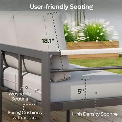 Set da conversazione per patio in alluminio da 4 pezzi per 4 persone con cuscini, tavolino da caffè a LED e divanetto