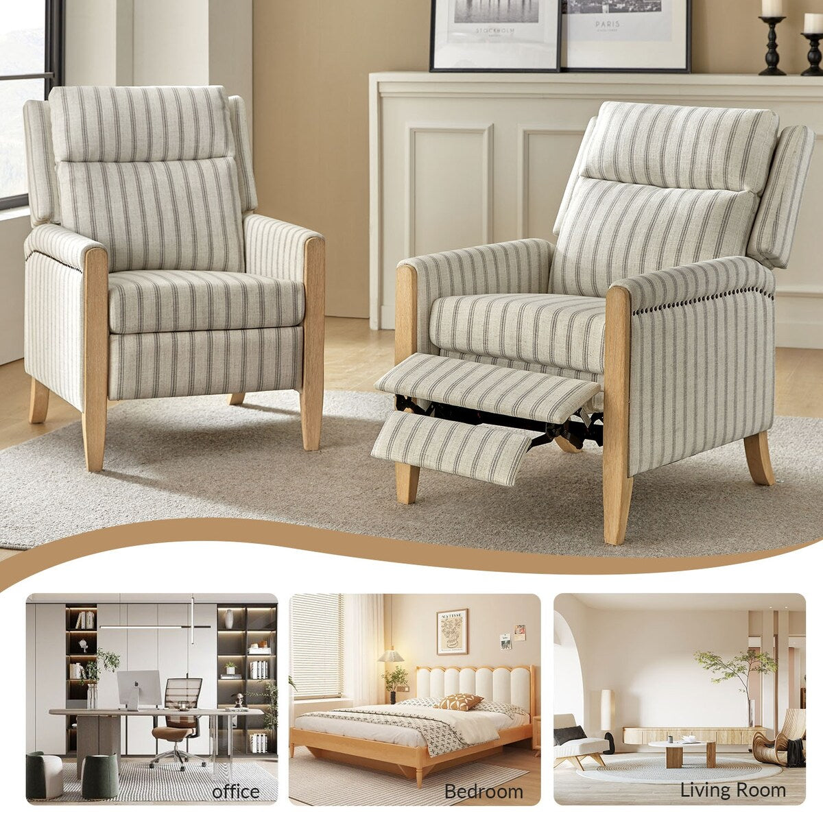 Poltrona reclinabile manuale Suares Transitional Nailhead con gambe in legno massello, set da 2 di HULALA HOME