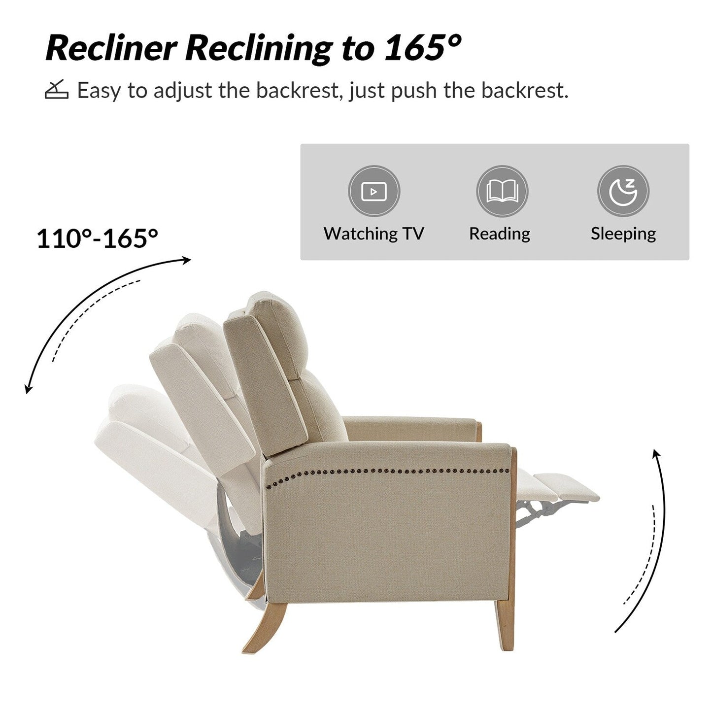 Poltrona reclinabile manuale Suares Transitional Nailhead con gambe in legno massello di HULALA HOME