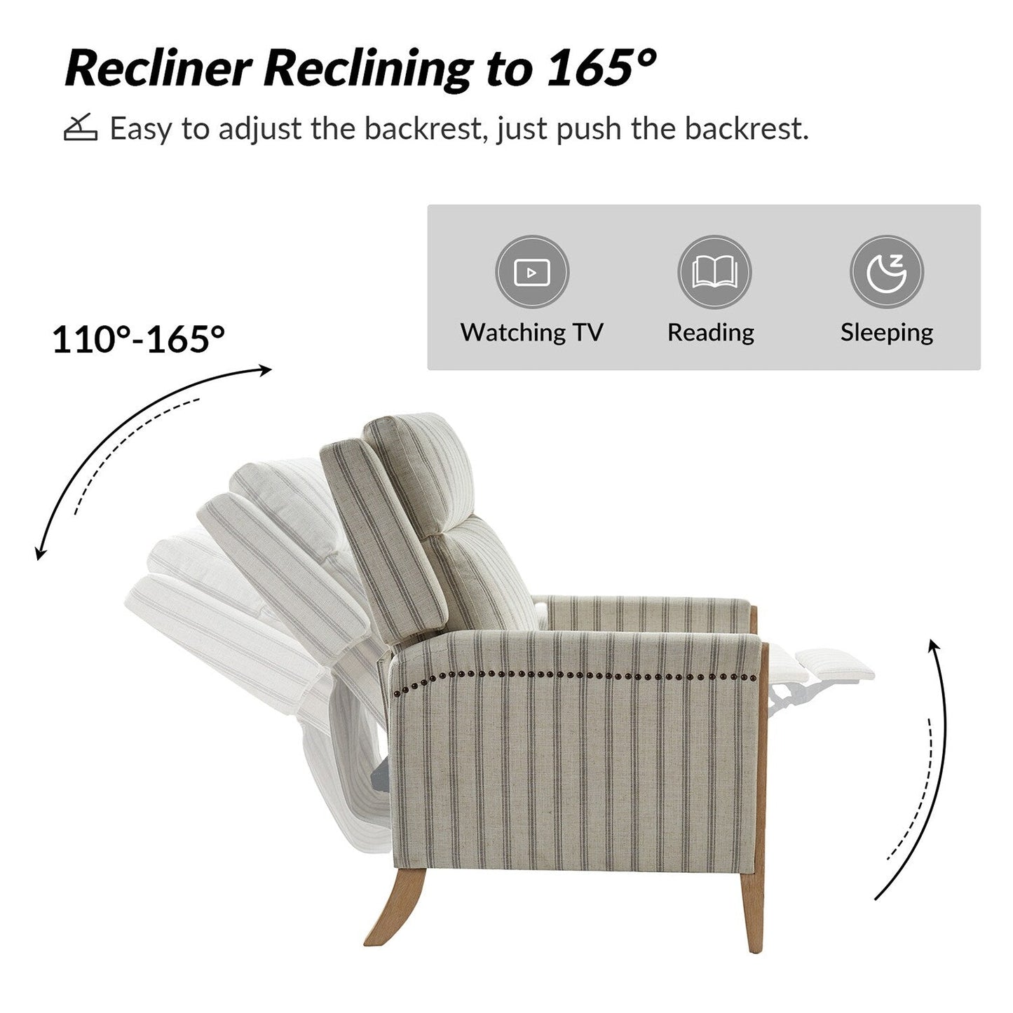 Poltrona reclinabile manuale Suares Transitional Nailhead con gambe in legno massello di HULALA HOME