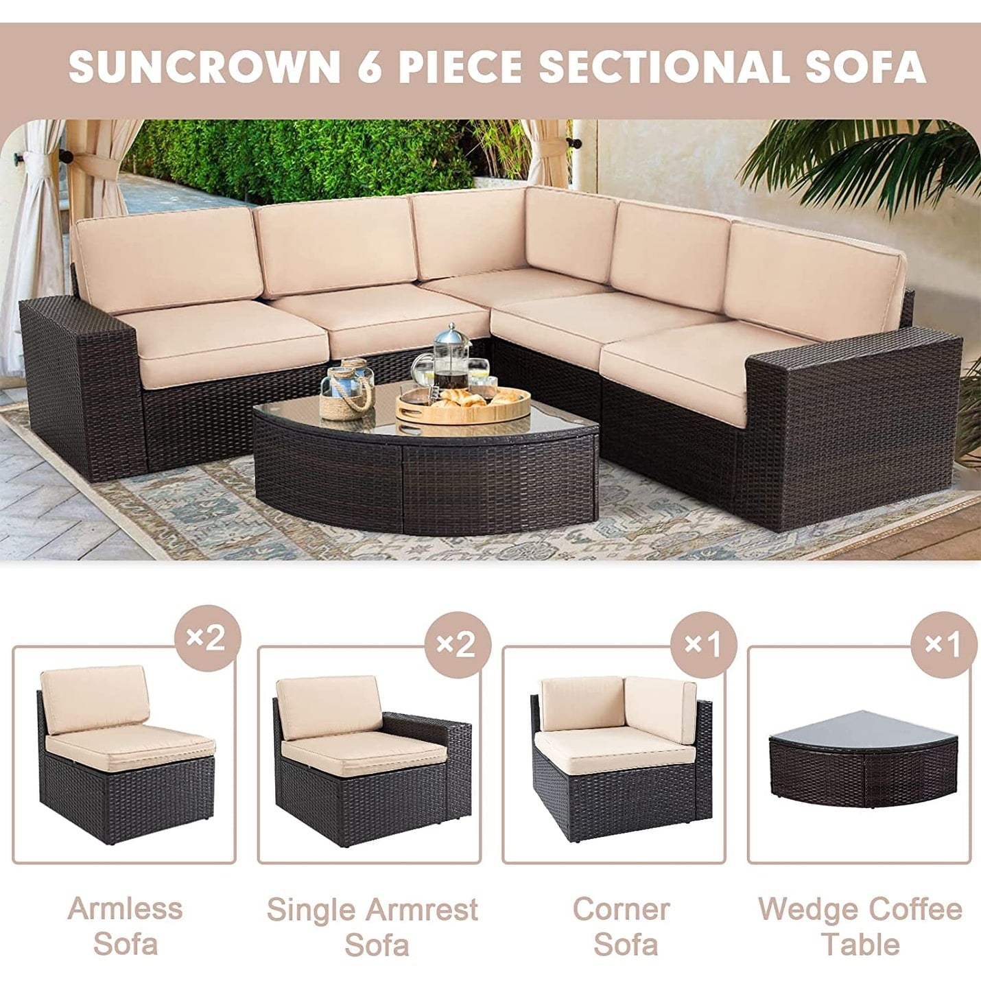 Set di divani componibili in rattan marrone da 6 pezzi Suncrown per esterni con tavolo