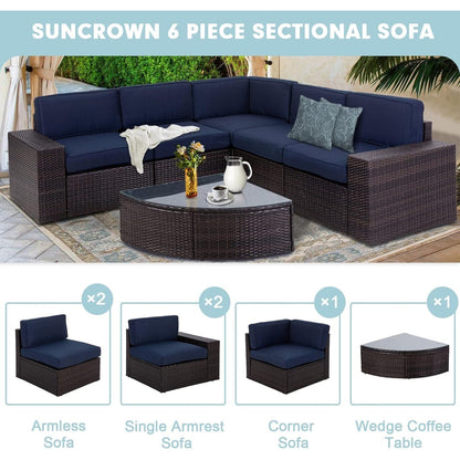 Set di divani componibili in rattan marrone da 6 pezzi Suncrown per esterni con tavolo