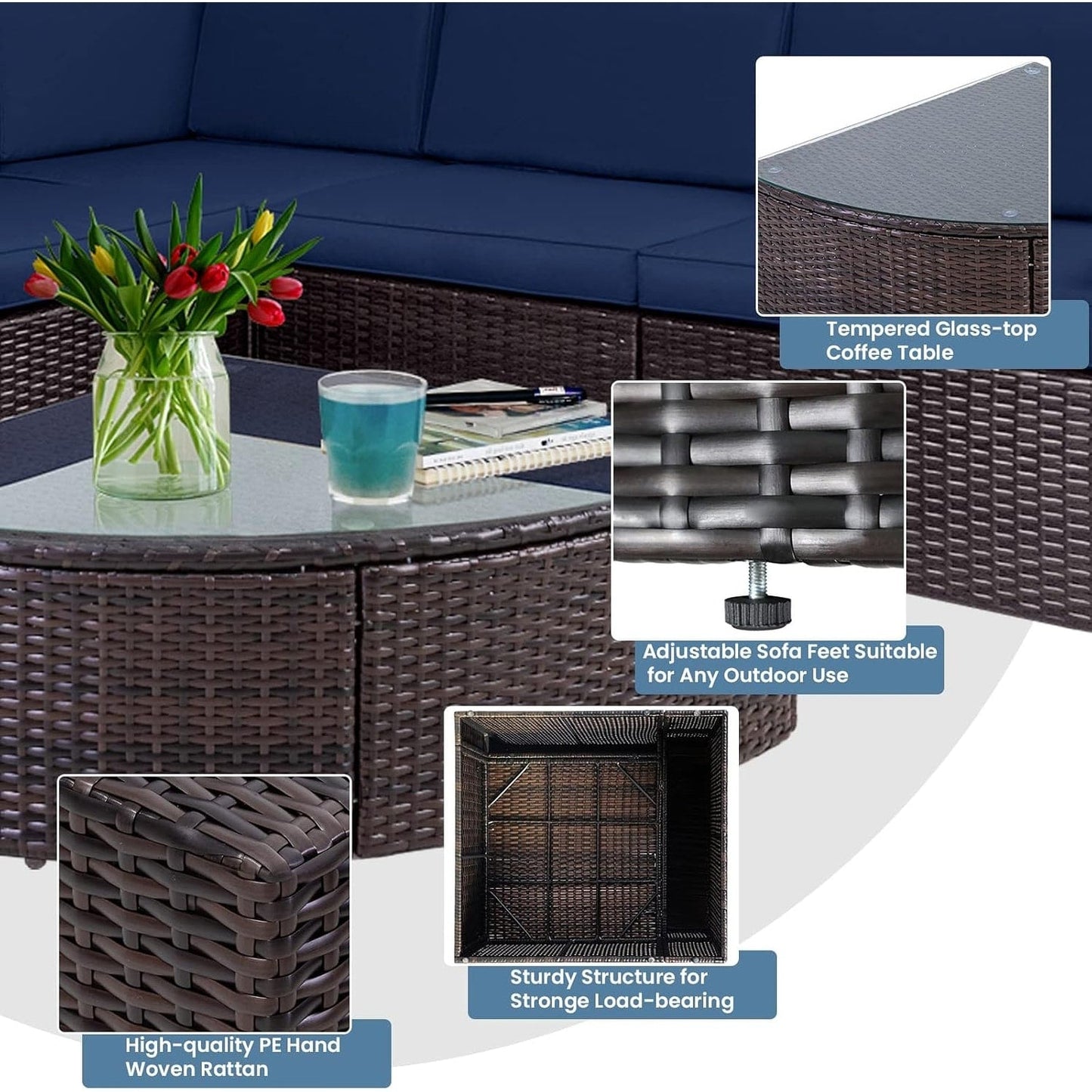 Set di divani componibili in rattan marrone da 6 pezzi Suncrown per esterni con tavolo