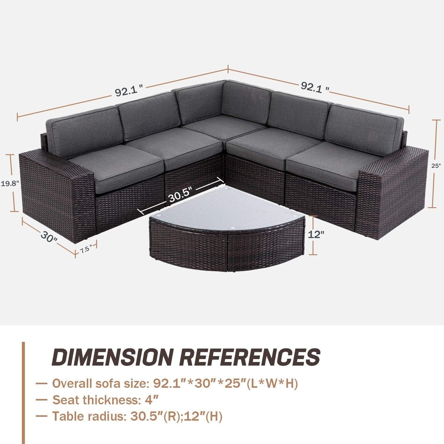 Set di divani componibili in rattan marrone da 6 pezzi Suncrown per esterni con tavolo