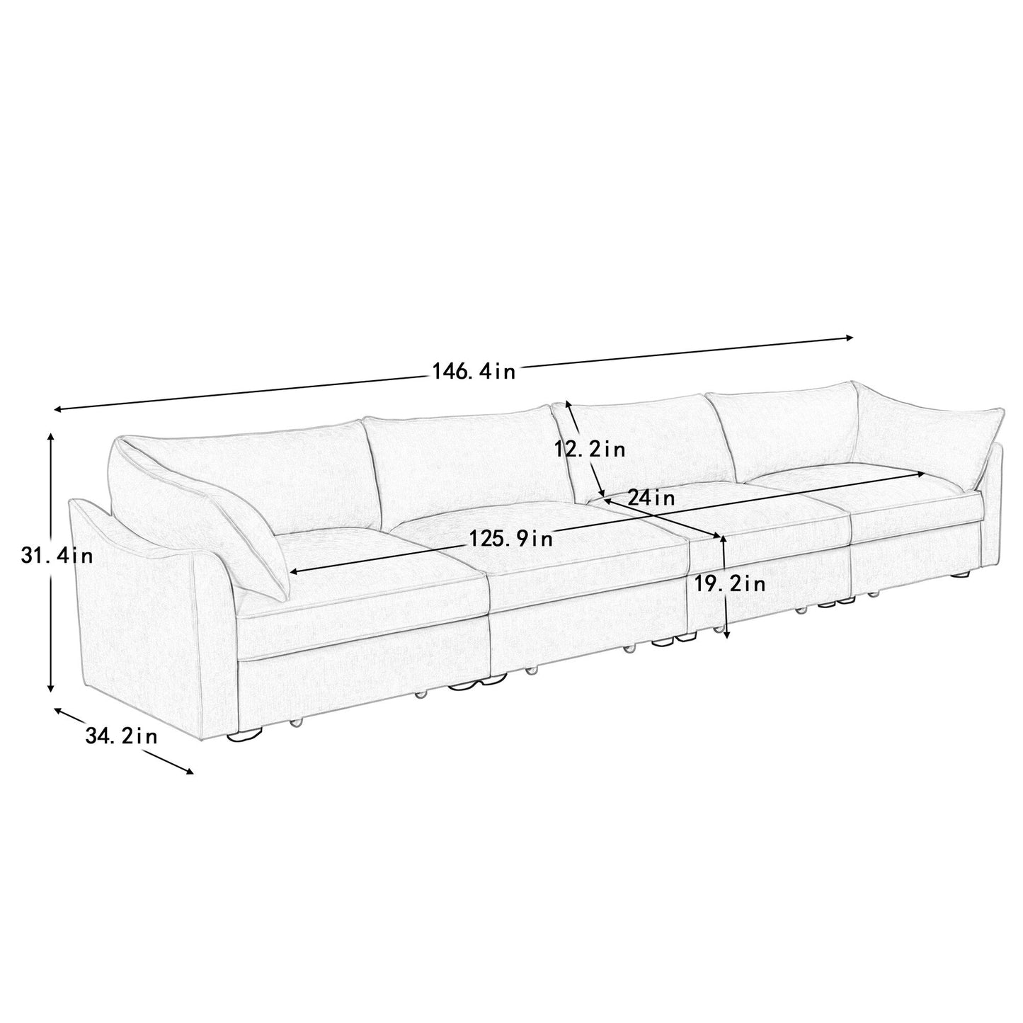 Divano a 4 posti super grande, largo e profondo, con cassetto estraibile sotto ogni seduta