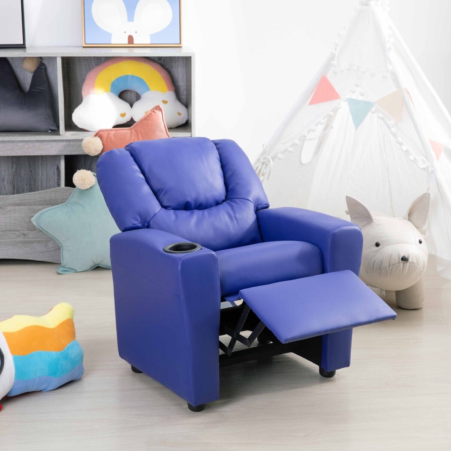 Poltrona reclinabile in PVC per bambini con funzione di reclinazione push-back, portabicchieri e comodo poggiapiedi