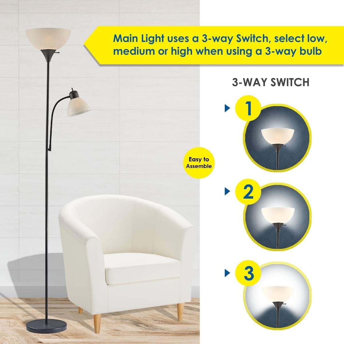 Lampada da terra bianca LIGHTACCENTS con paralume conico bianco opalino – Lampade da terra, lampade da terra a torcia per soggiorno, camera da letto...