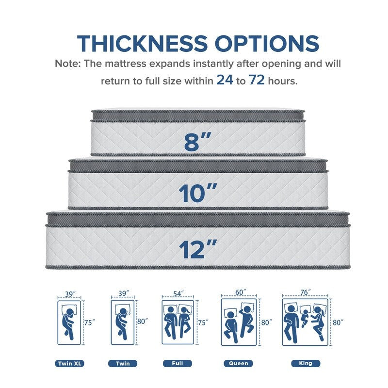 Materasso ibrido SweDrea da 10'' con livello di comfort medio, in una scatola. Materasso traspirante e rinfrescante.