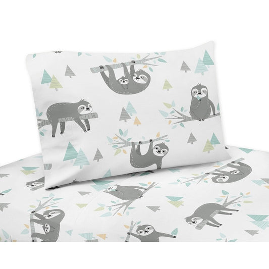 Set di lenzuola doppie Sweet Jojo Designs, 3 pezzi, collezione Blue and Grey Jungle Bradipo Foglia - Turchese Grigio Verde Botanico Rainforest