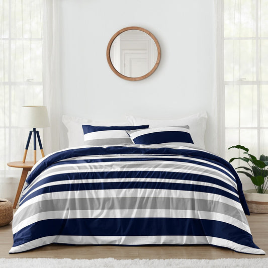Set copripiumino matrimoniale/queen size a righe blu navy e grigie Sweet Jojo Designs, 3 pezzi